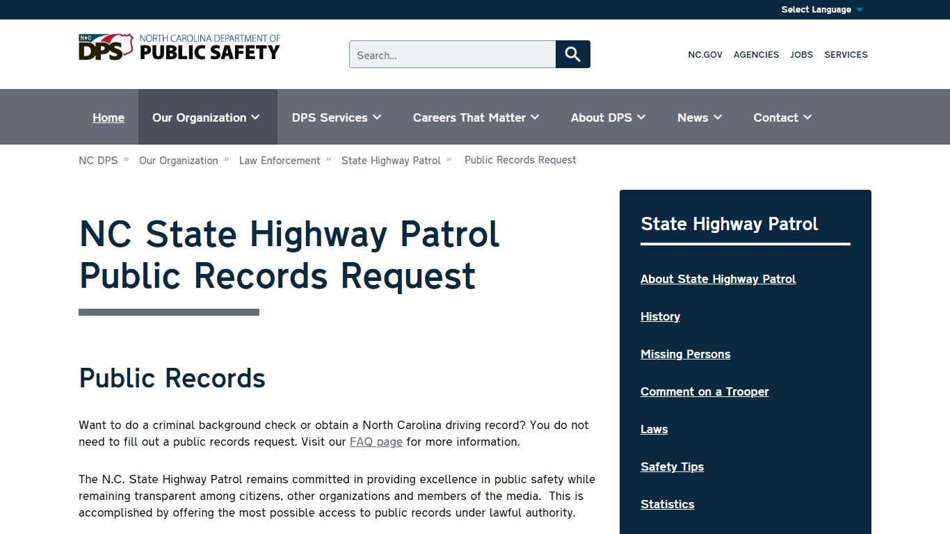 NC State Highway Patrol Public Records Request | NC DPS